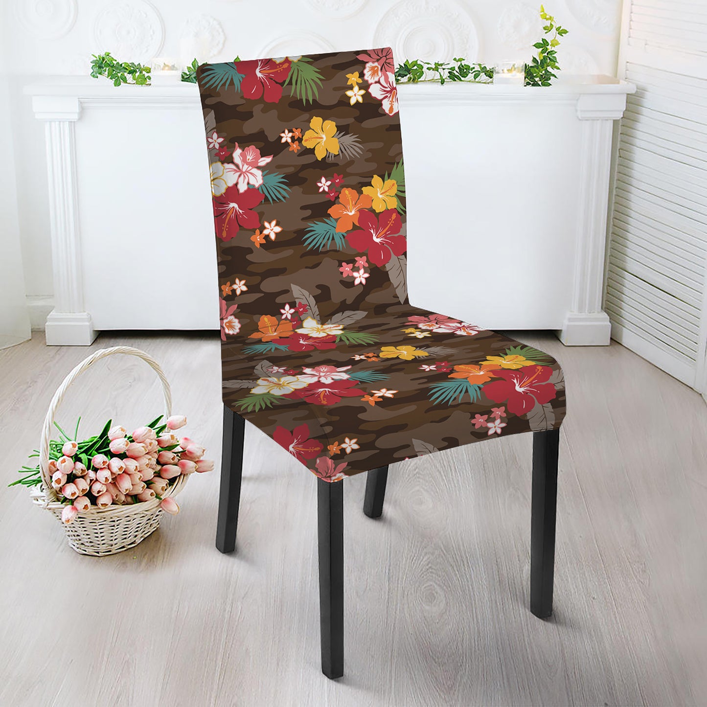 Brown Camo Hibiscus Flower Print Dining Chair Slipcover
