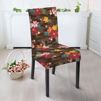 Brown Camo Hibiscus Flower Print Dining Chair Slipcover