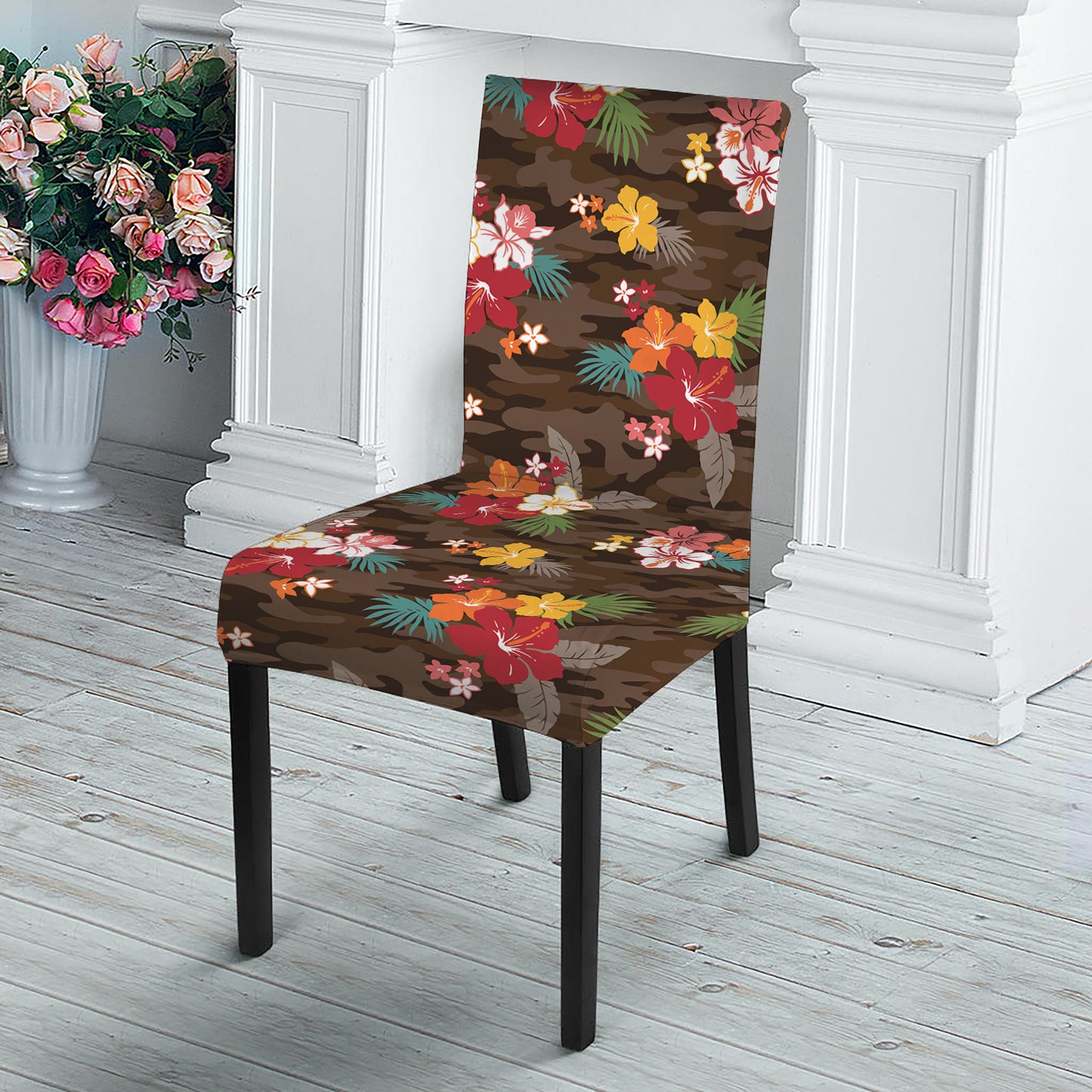 Brown Camo Hibiscus Flower Print Dining Chair Slipcover