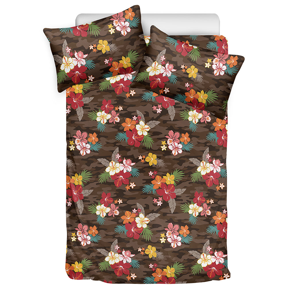 Brown Camo Hibiscus Flower Print Duvet Cover Bedding Set
