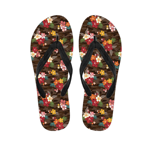 Brown Camo Hibiscus Flower Print Flip Flops