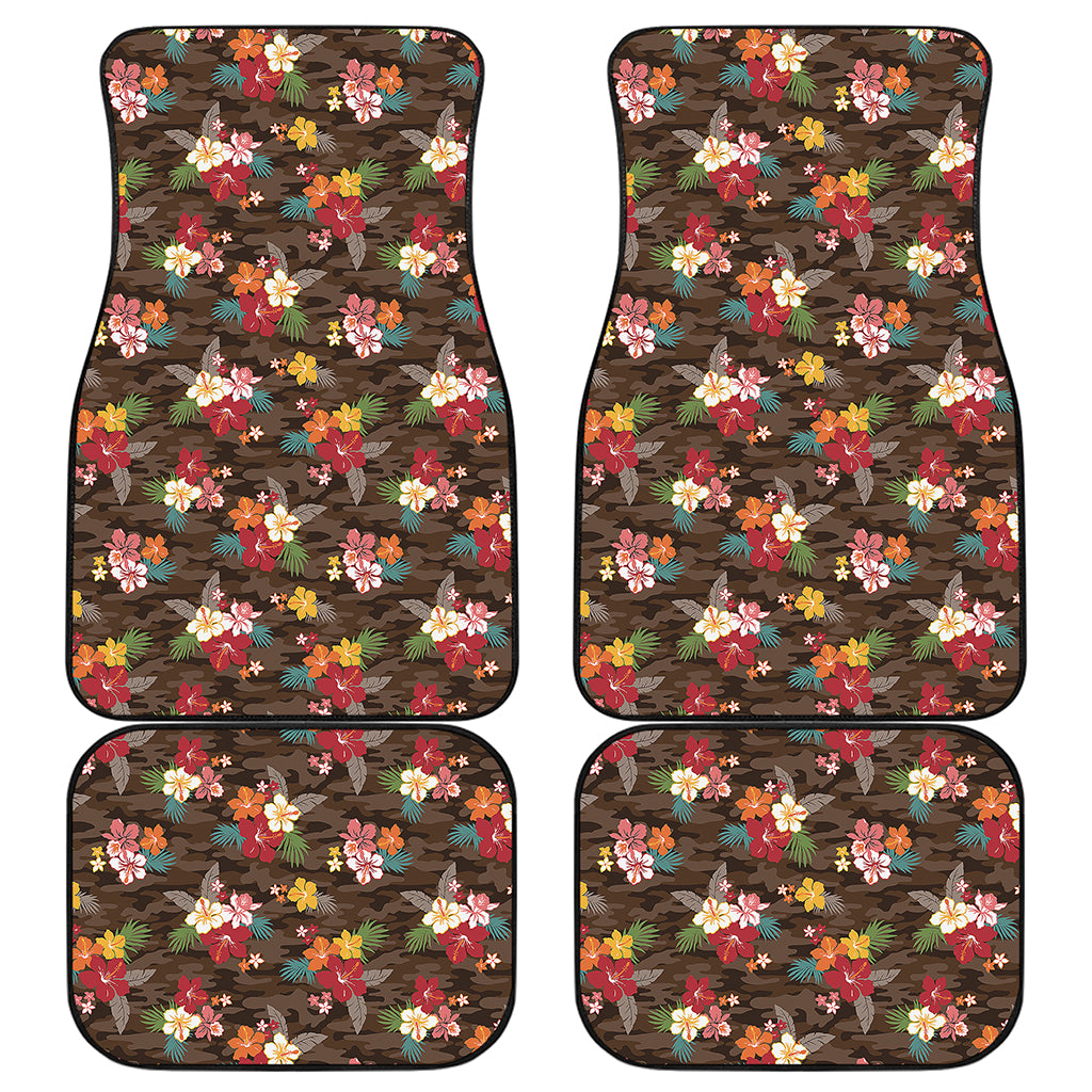 Brown Camo Hibiscus Flower Print Front and Back Car Floor Mats