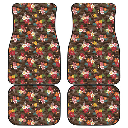 Brown Camo Hibiscus Flower Print Front and Back Car Floor Mats
