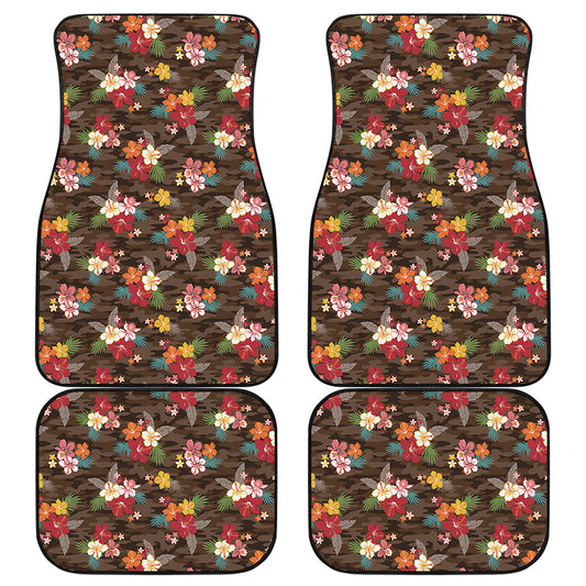 Brown Camo Hibiscus Flower Print Front and Back Car Floor Mats