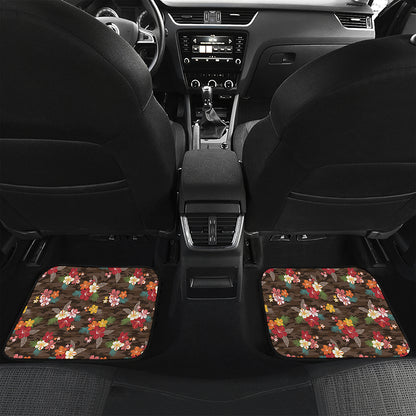 Brown Camo Hibiscus Flower Print Front and Back Car Floor Mats