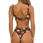 Brown Camo Hibiscus Flower Print Front Bow Tie Bikini