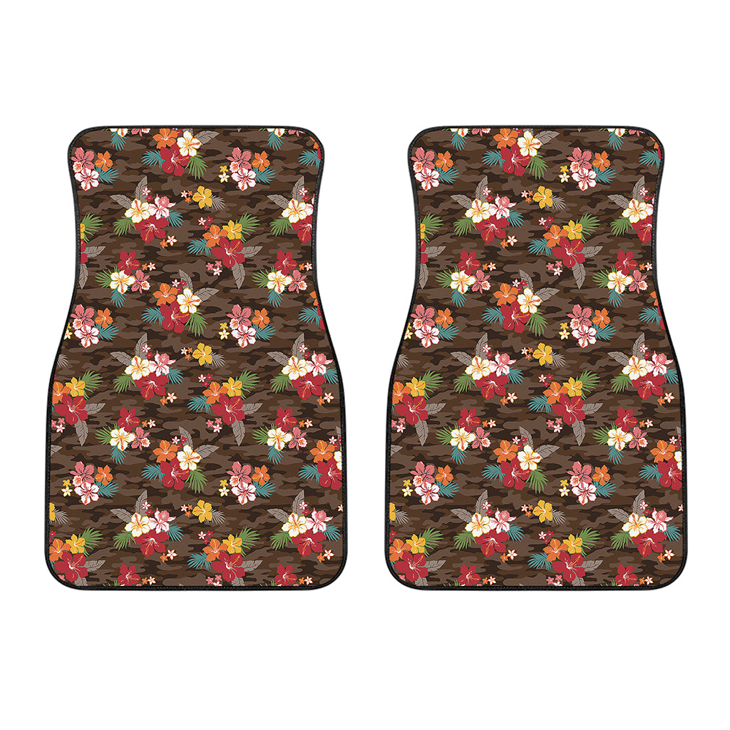 Brown Camo Hibiscus Flower Print Front Car Floor Mats
