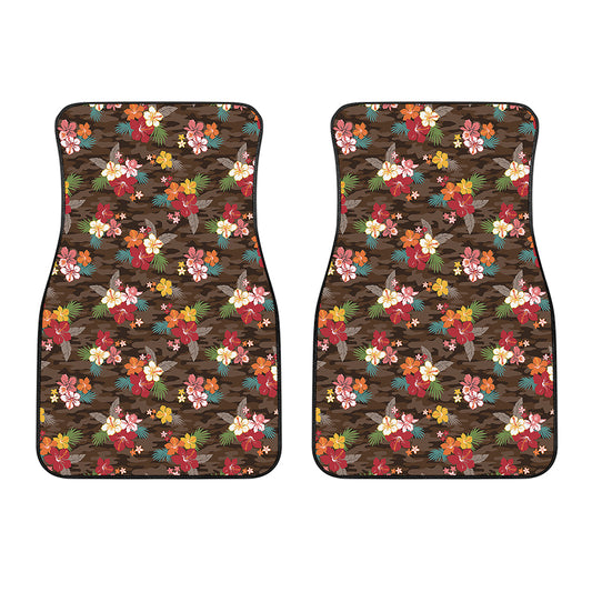 Brown Camo Hibiscus Flower Print Front Car Floor Mats