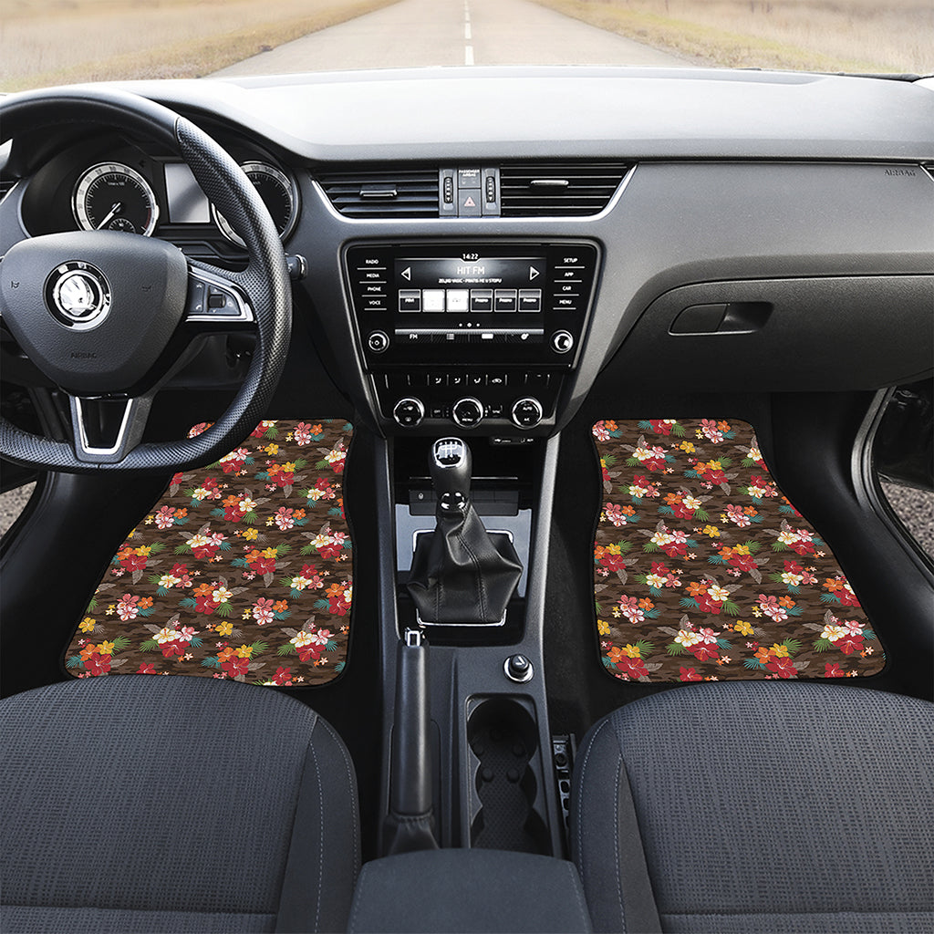 Brown Camo Hibiscus Flower Print Front Car Floor Mats