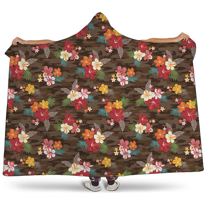 Brown Camo Hibiscus Flower Print Hooded Blanket