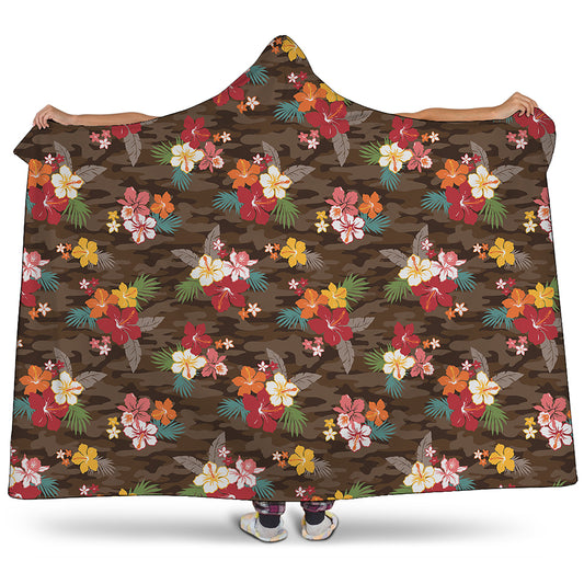 Brown Camo Hibiscus Flower Print Hooded Blanket