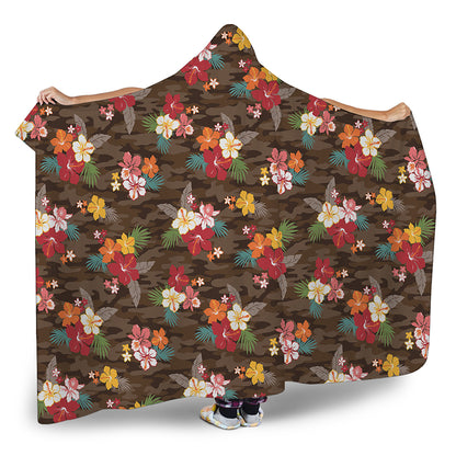 Brown Camo Hibiscus Flower Print Hooded Blanket