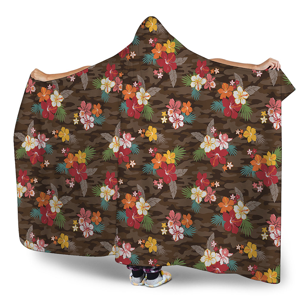 Brown Camo Hibiscus Flower Print Hooded Blanket
