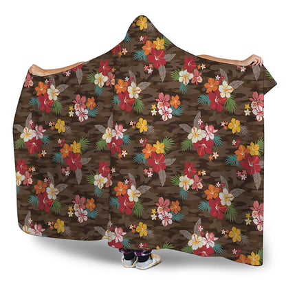 Brown Camo Hibiscus Flower Print Hooded Blanket