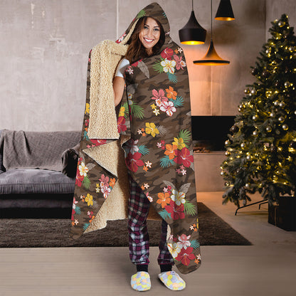 Brown Camo Hibiscus Flower Print Hooded Blanket
