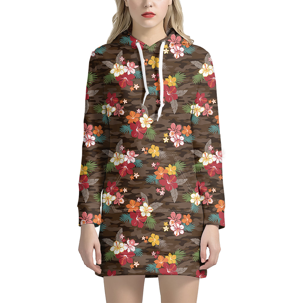 Brown Camo Hibiscus Flower Print Hoodie Dress