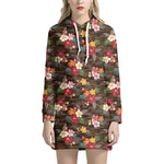 Brown Camo Hibiscus Flower Print Hoodie Dress
