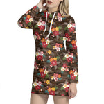 Brown Camo Hibiscus Flower Print Hoodie Dress