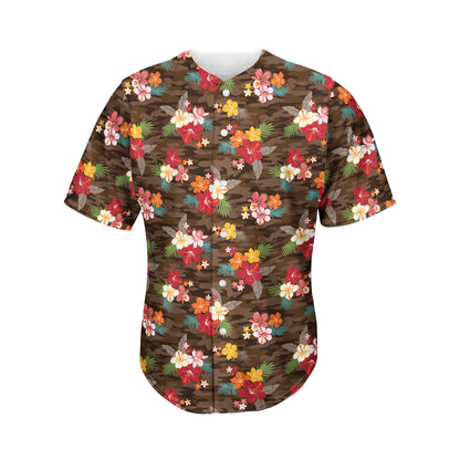 Brown Camo Hibiscus Flower Print Men's Baseball Jersey