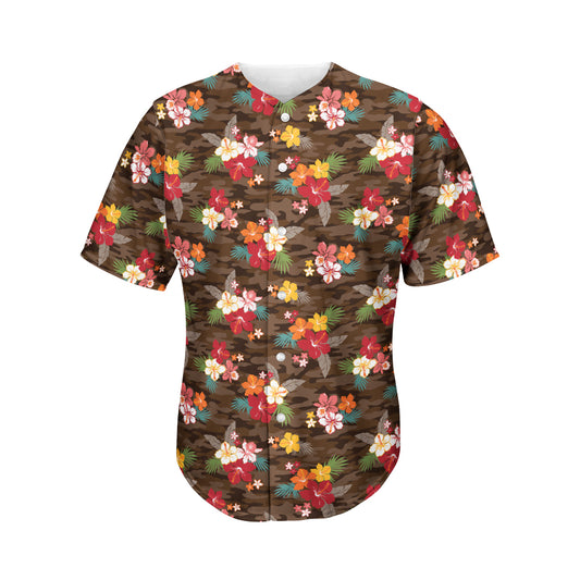 Brown Camo Hibiscus Flower Print Men's Baseball Jersey