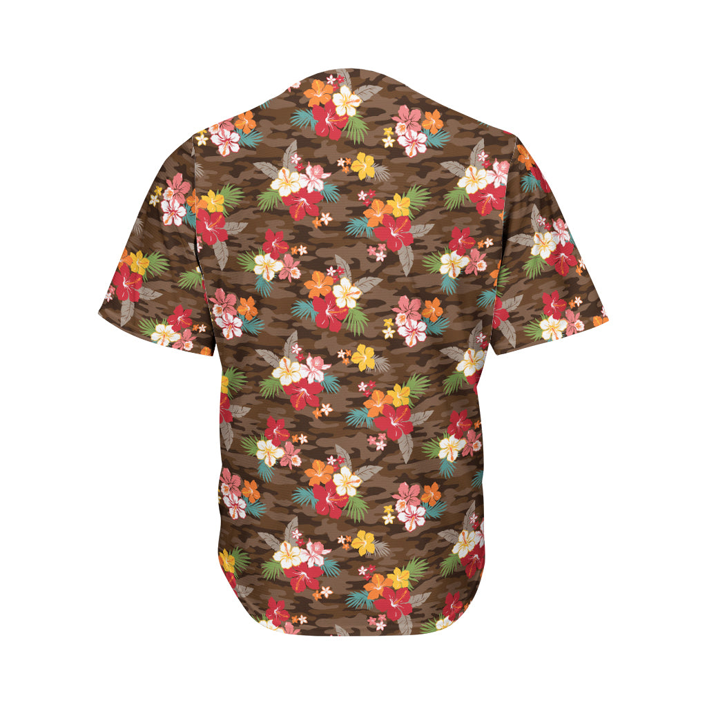 Brown Camo Hibiscus Flower Print Men's Baseball Jersey