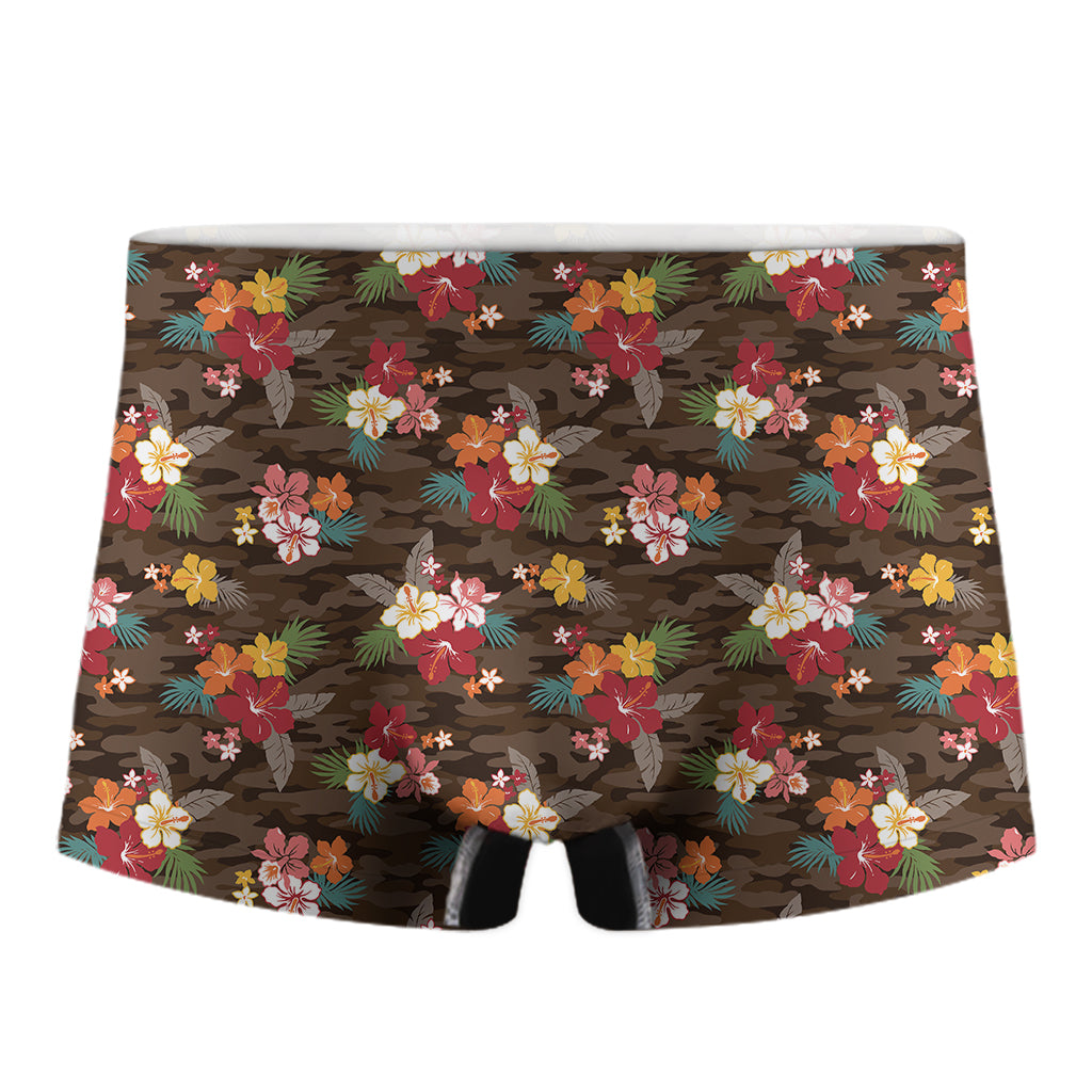 Brown Camo Hibiscus Flower Print Men's Boxer Briefs