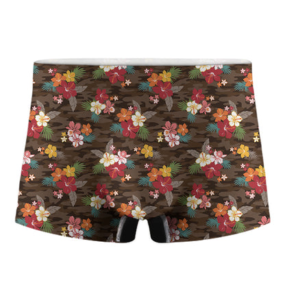 Brown Camo Hibiscus Flower Print Men's Boxer Briefs