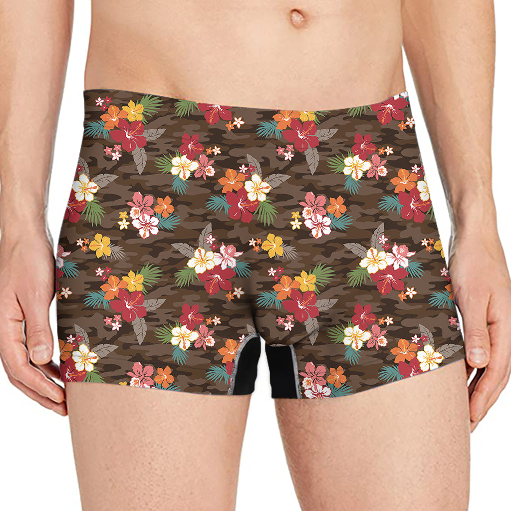 Brown Camo Hibiscus Flower Print Men's Boxer Briefs