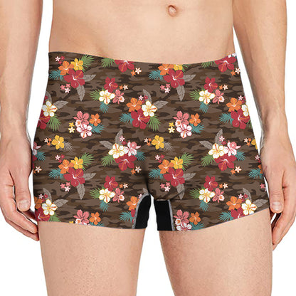 Brown Camo Hibiscus Flower Print Men's Boxer Briefs