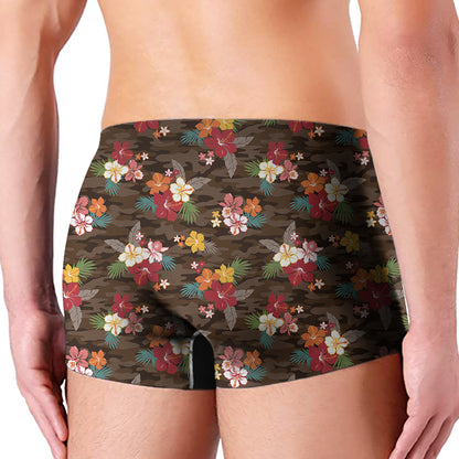 Brown Camo Hibiscus Flower Print Men's Boxer Briefs