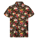 Brown Camo Hibiscus Flower Print Men's Short Sleeve Shirt