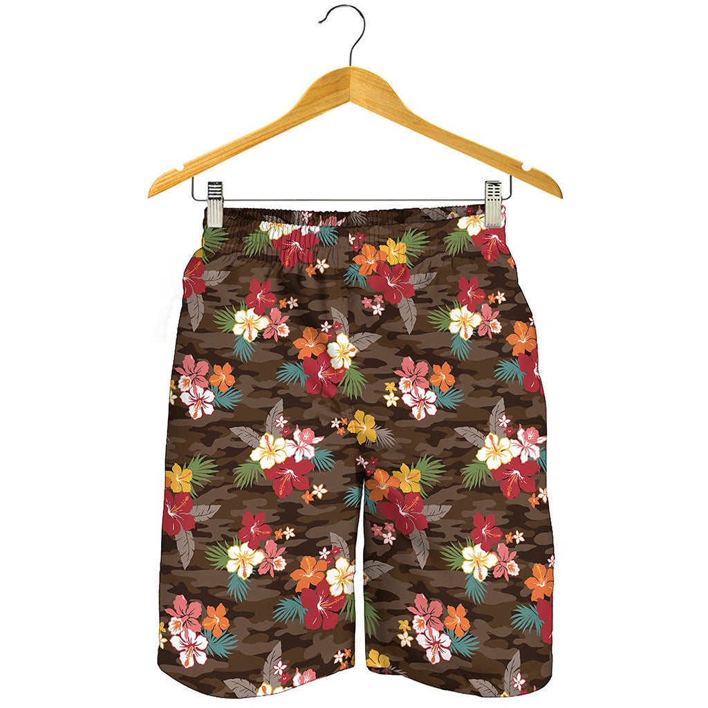 Brown Camo Hibiscus Flower Print Men's Shorts