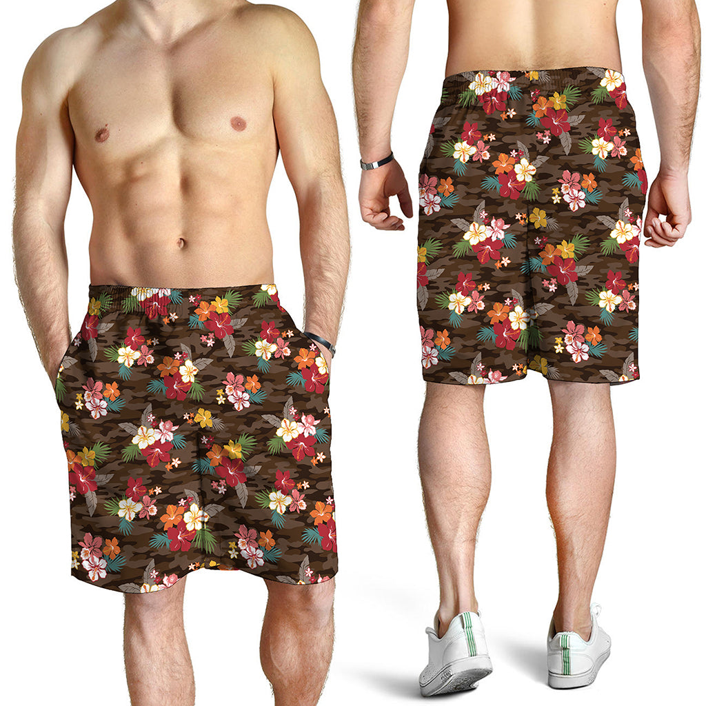 Brown Camo Hibiscus Flower Print Men's Shorts