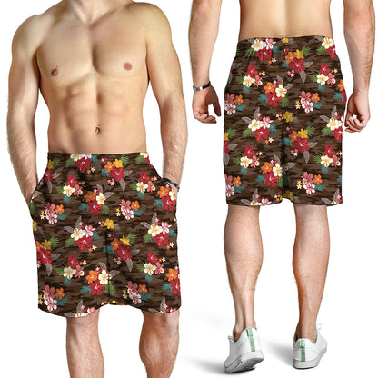 Brown Camo Hibiscus Flower Print Men's Shorts