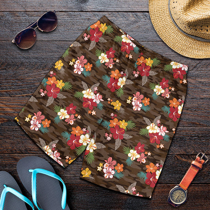 Brown Camo Hibiscus Flower Print Men's Shorts