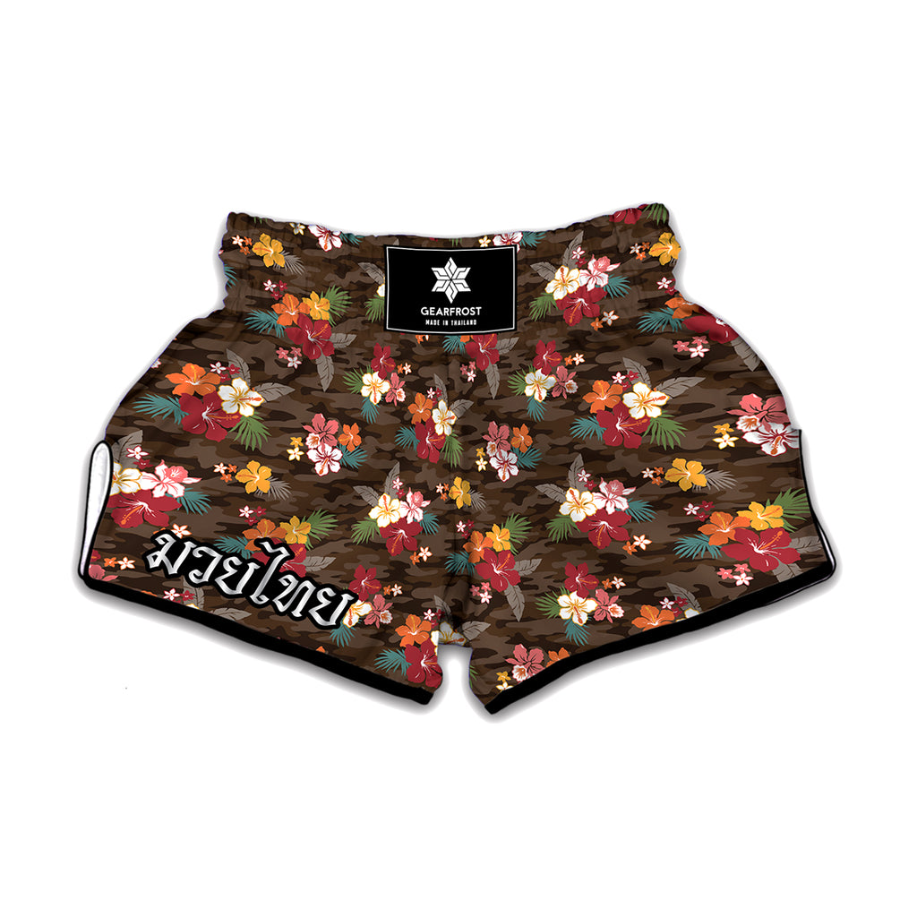 Brown Camo Hibiscus Flower Print Muay Thai Boxing Shorts