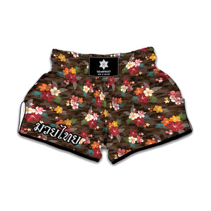 Brown Camo Hibiscus Flower Print Muay Thai Boxing Shorts