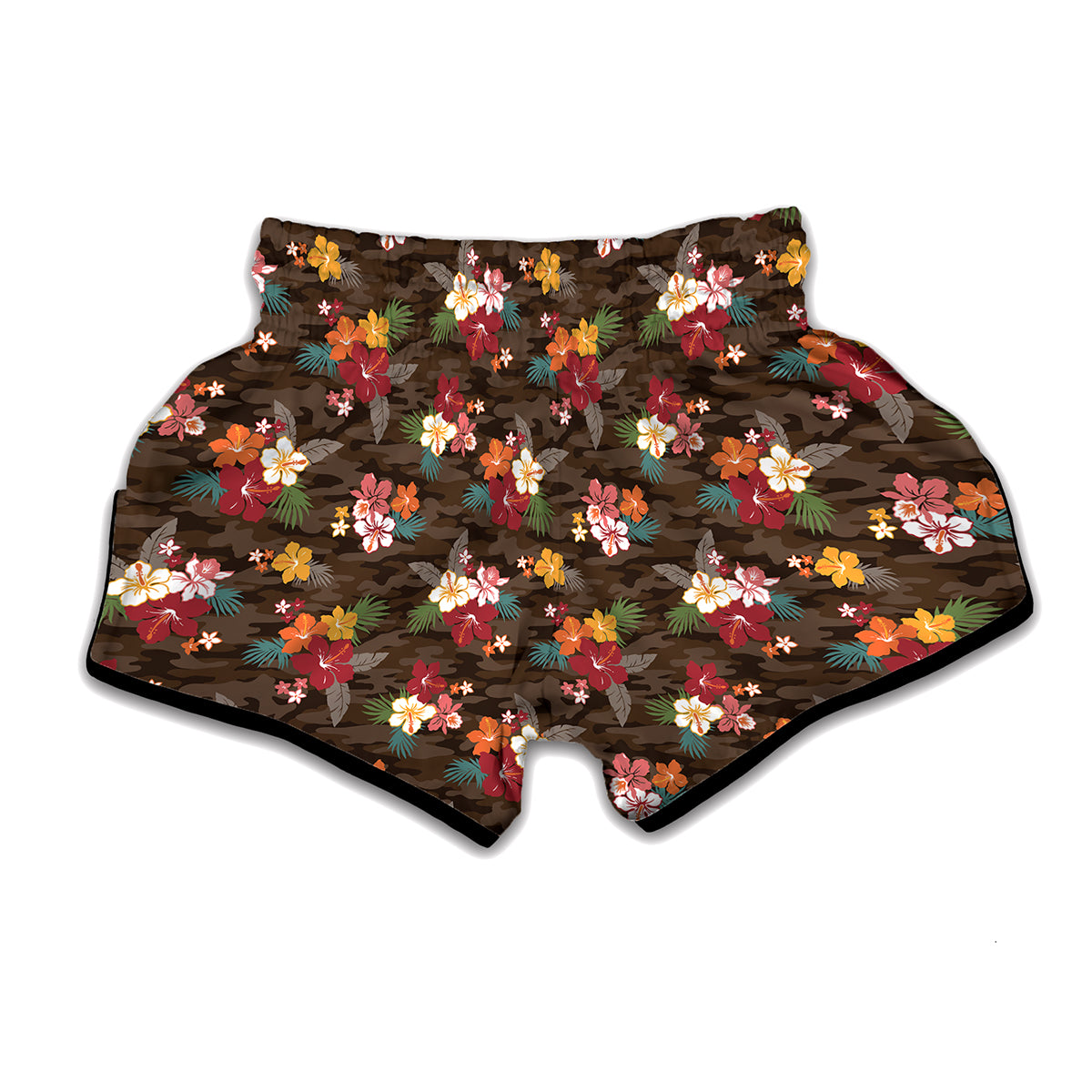 Brown Camo Hibiscus Flower Print Muay Thai Boxing Shorts