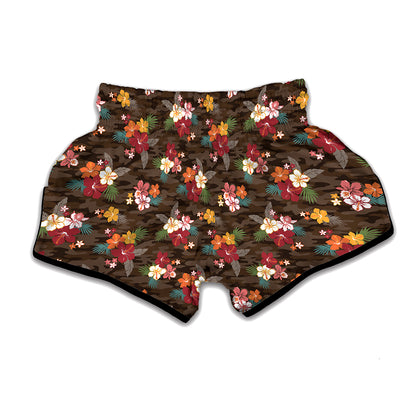 Brown Camo Hibiscus Flower Print Muay Thai Boxing Shorts