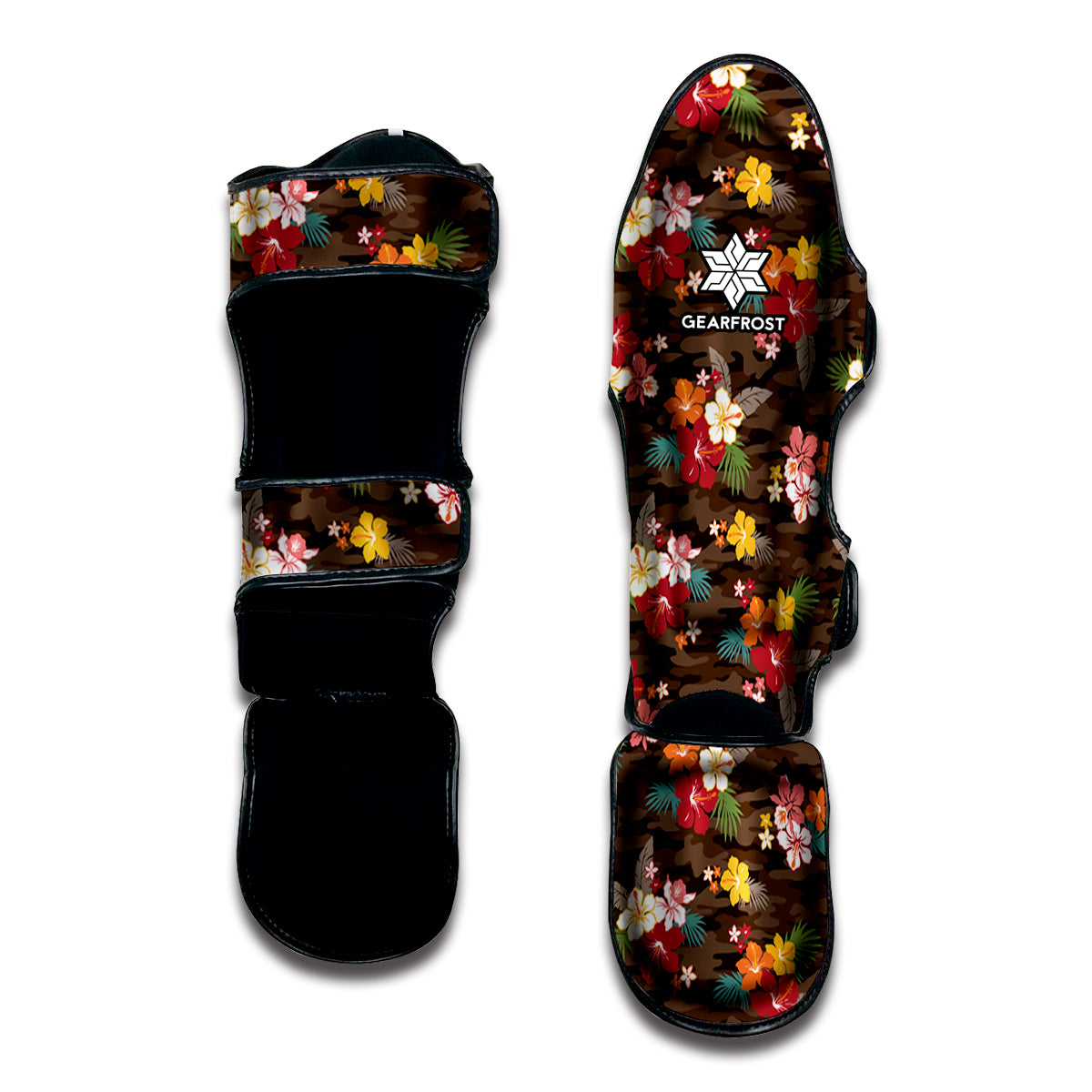 Brown Camo Hibiscus Flower Print Muay Thai Shin Guard