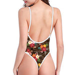 Brown Camo Hibiscus Flower Print One Piece High Cut Swimsuit