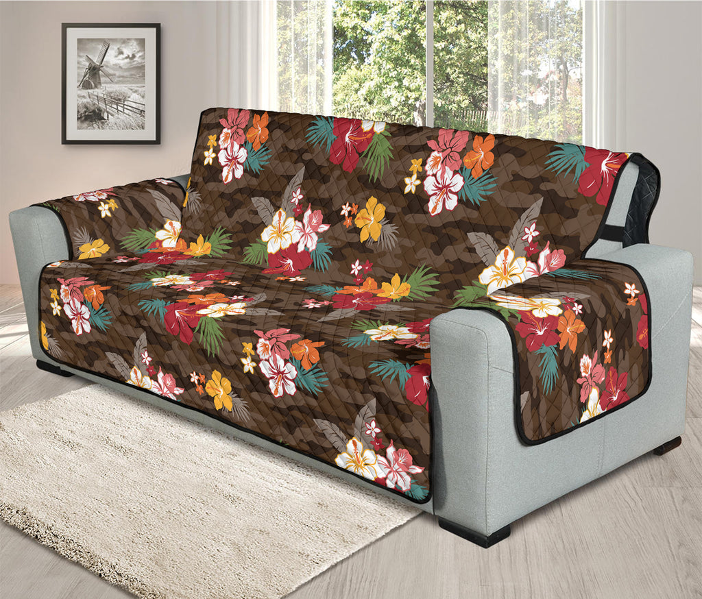 Brown Camo Hibiscus Flower Print Oversized Sofa Protector