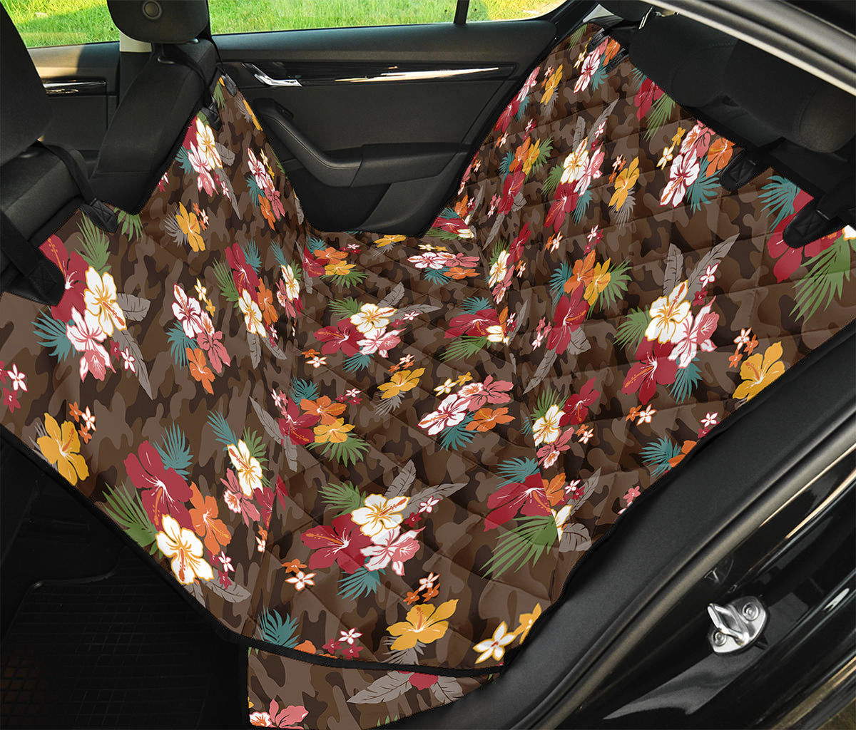 Brown Camo Hibiscus Flower Print Pet Car Back Seat Cover