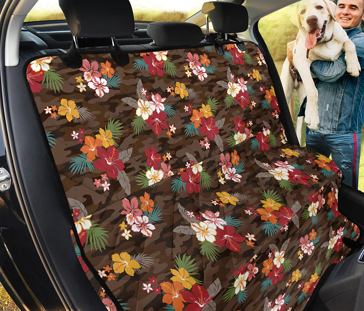 Brown Camo Hibiscus Flower Print Pet Car Back Seat Cover