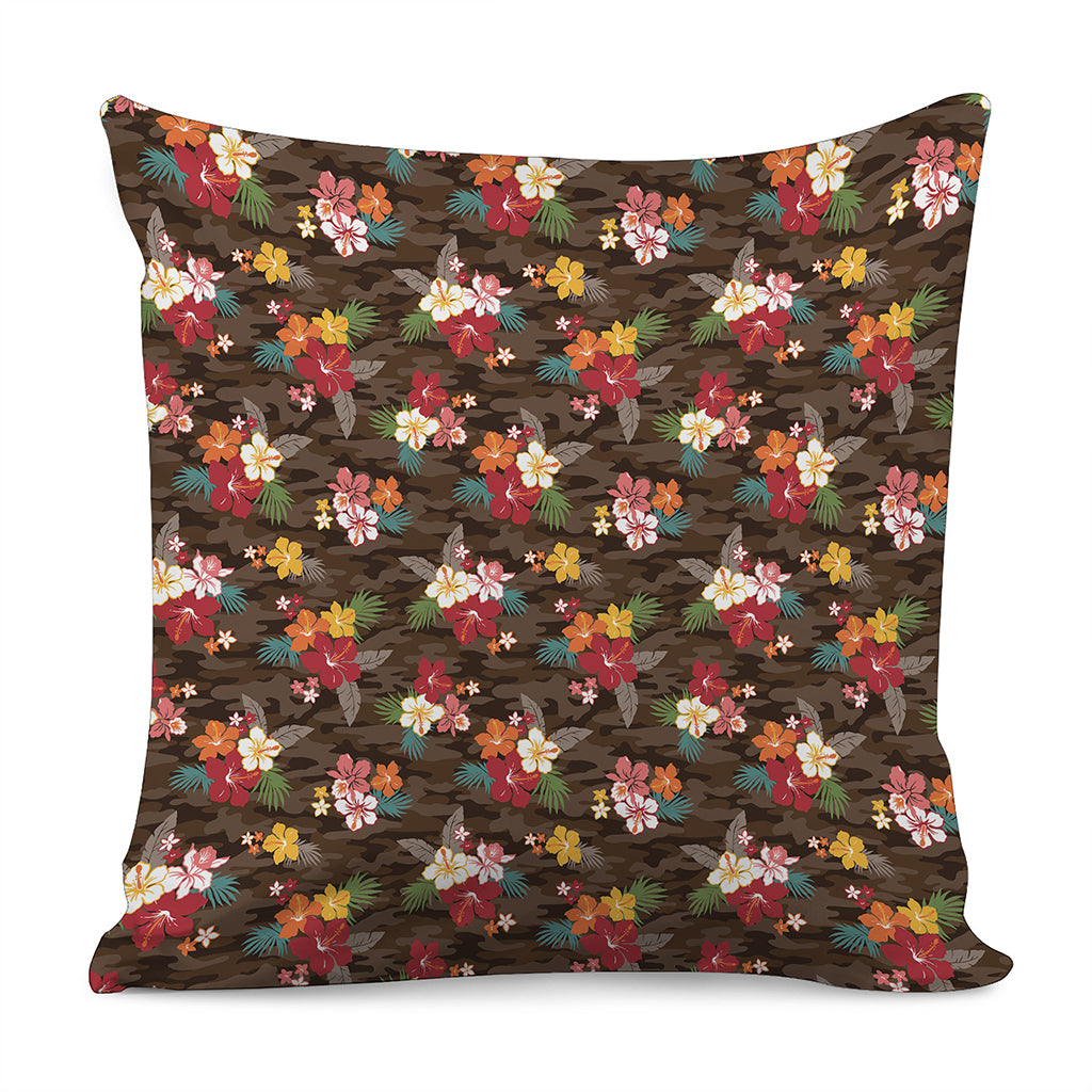Brown Camo Hibiscus Flower Print Pillow Cover