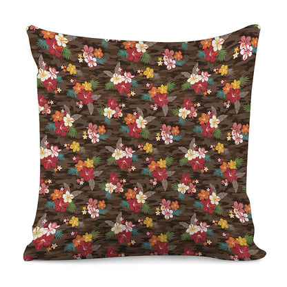 Brown Camo Hibiscus Flower Print Pillow Cover