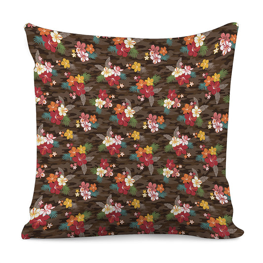 Brown Camo Hibiscus Flower Print Pillow Cover