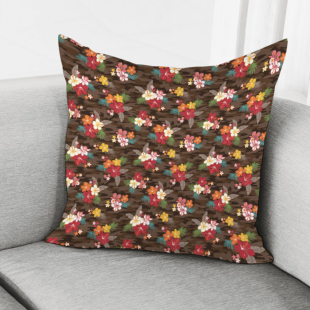 Brown Camo Hibiscus Flower Print Pillow Cover