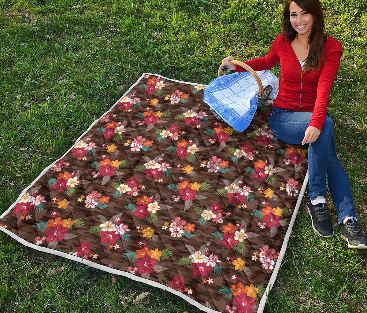 Brown Camo Hibiscus Flower Print Quilt