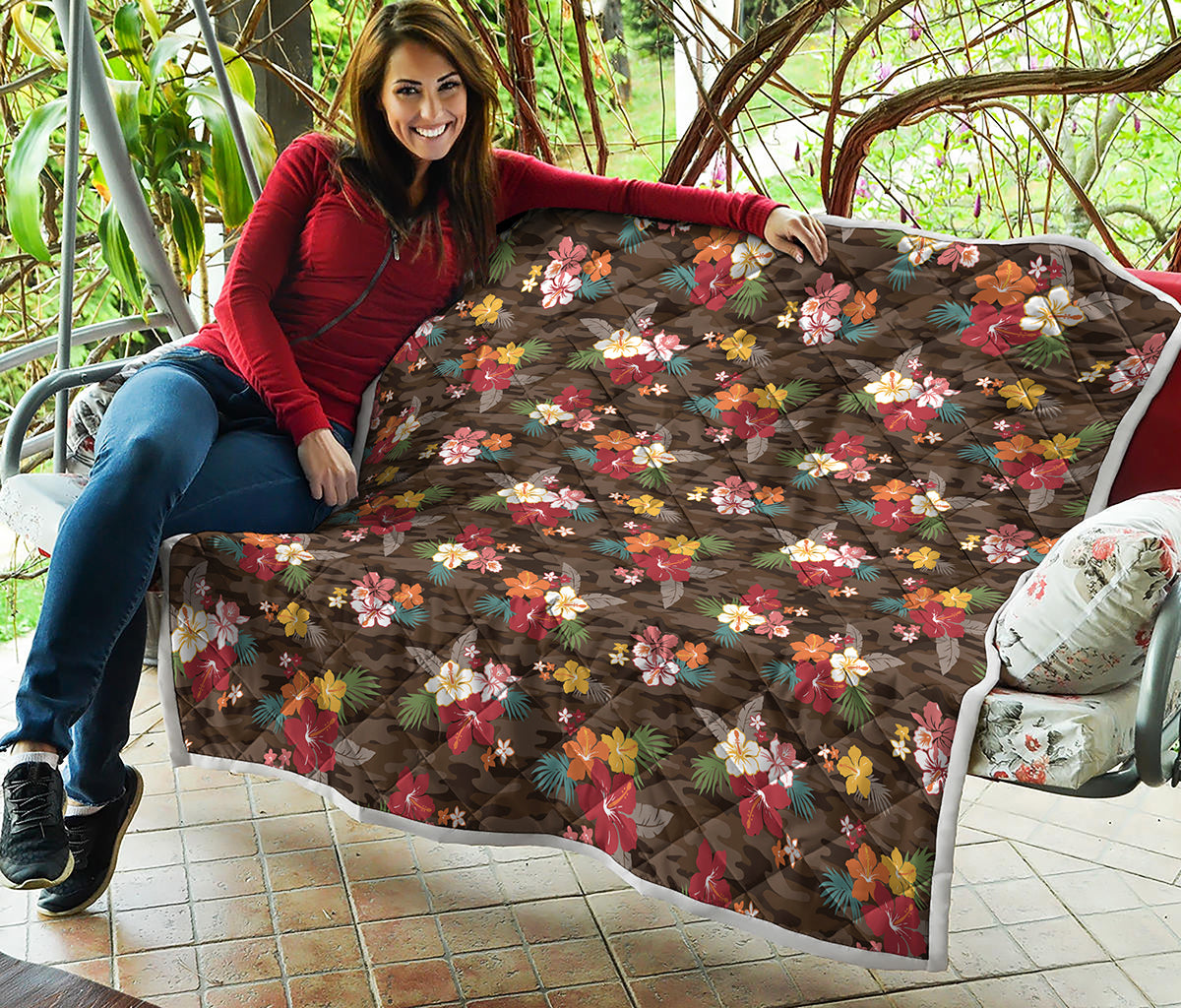 Brown Camo Hibiscus Flower Print Quilt
